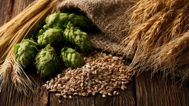 Fresh green hop cones alongside malt grains and golden barley stalks on rustic wooden table with burlap for brewing beer ingredients preparation