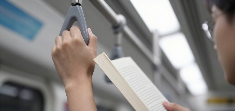Passenger holding a handle in a train, focused, reading a book while commuting