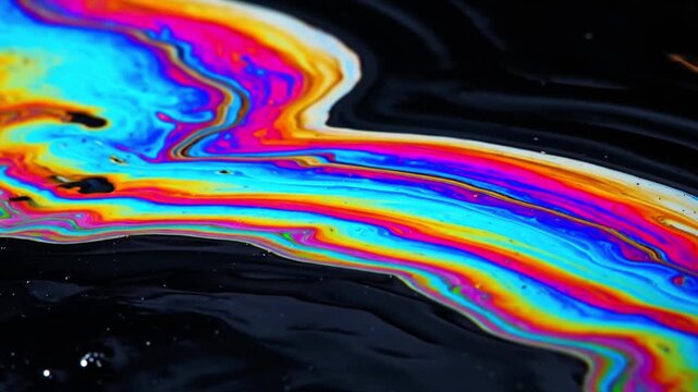 Macro iridescent oil slick on water, distinct rainbow color bands, clear fluid boundaries, dark background