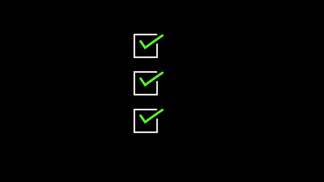 Minimalist White and Green 3 Step Vertical Checklist Animation, To-Do List Progress Tracker on Black Background, Milestone Success Concept.