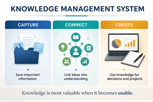 An infographic illustrates the three stages of a Knowledge Management System: Capture, Connect, and Create.