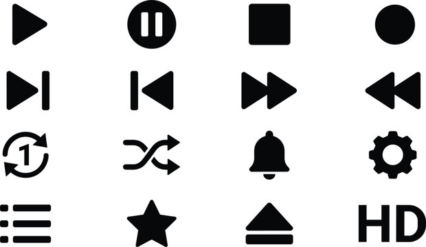 Media Player Button Icon Set with Play Pause Stop Fast Forward Rewind Shuffle and Settings Symbols for Video and Audio Streaming Interface Designs
