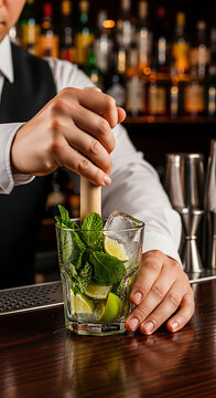 Bartender garnishing cocktail with lime wedge
