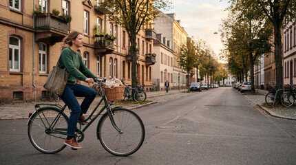 Fototapeta premium Smiling woman riding a bicycle on a tree-lined street with old buildings in a European city during sunset.