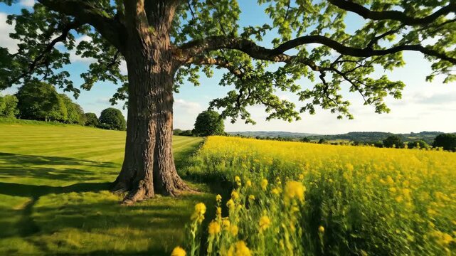 Large oak tree dividing green lawn and yellow flower field