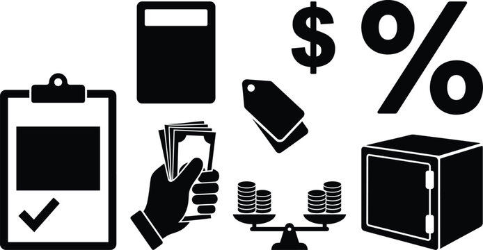 Business accounting and financial retail icon set featuring safe box balance scale calculator clipboard and cash
