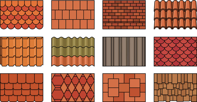 Roof Tile Patterns and Roofing Material Vector Icon Collection