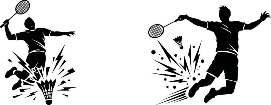 Badminton players in action with shuttlecock and rackets silhouette sport vectors.