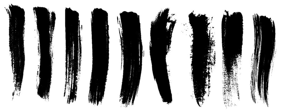 Ink brush stroke. Dry paint long smear, black stains. Isolated textured straight lines or art grunge design elements. drawing set. Vector illustration.
