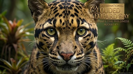 Fototapeta premium Close-up leopard face, wild animal eyes, green forest background, spotted fur
