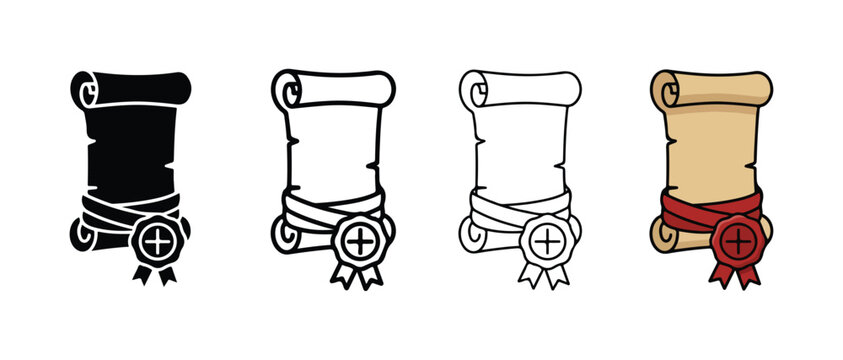 cartoon parchment scrolls with ribbons and seals on white background for graphic design elements