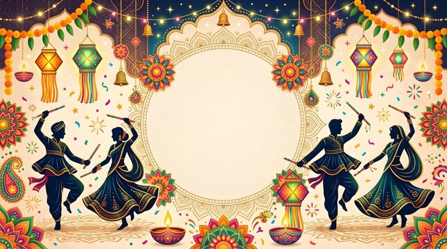 Silhouetted indian couples performing traditional garba dance with wooden sticks during the vibrant navratri festival celebration featuring glowing lanterns and colorful floral rangoli patterns