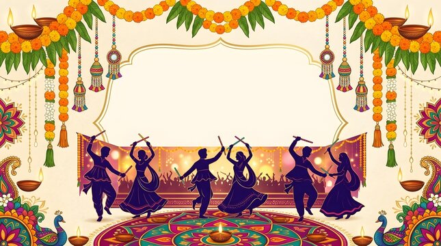 Traditional indian folk dance silhouette featuring men and women performing the energetic garba and dandiya raas movements with sticks during the vibrant navratri festival 