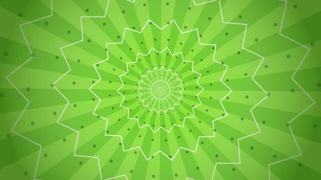 Green Geometric Starburst Animation. A hypnotic, pulsating radial mandala pattern in shades of lime and emerald. Perfect for abstract motion graphics, music visuals, and modern video backgrounds.