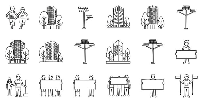 Minimalist line icon set with clean black symbols on white background, diverse everyday objects and activities, concept for user interface design, mobile apps, web development, and educational