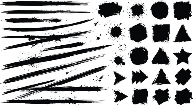 Diverse collection of black brush strokes splatters and geometric shapes for artistic design projects