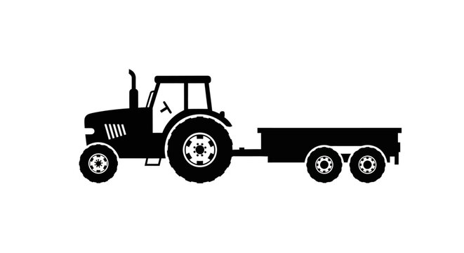 A black silhouette of a farm tractor pulling a flat trailer