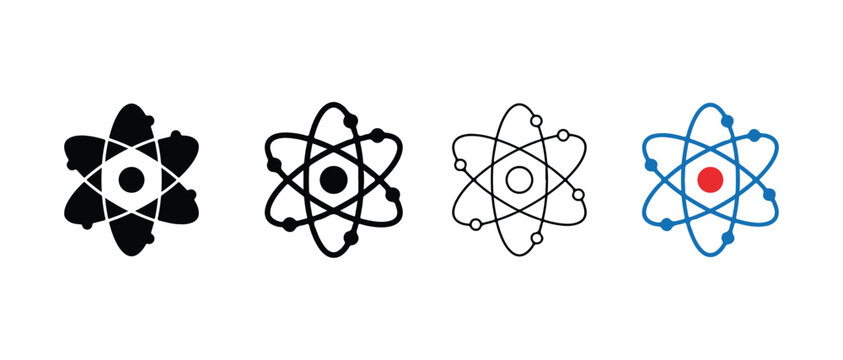 atomic structure icons in black white and blue on white background representing science and technology concepts used in education and research  various styles and colors