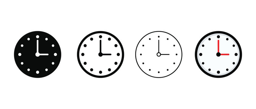 clock faces with various designs and colors on white background  clocks with black and white dots and hands