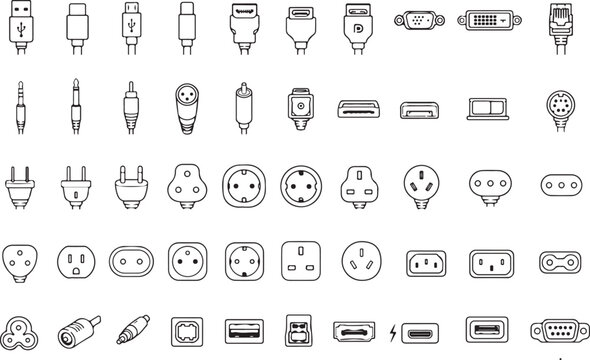 Set of various electronic cable connectors and electrical power plugs Vector
