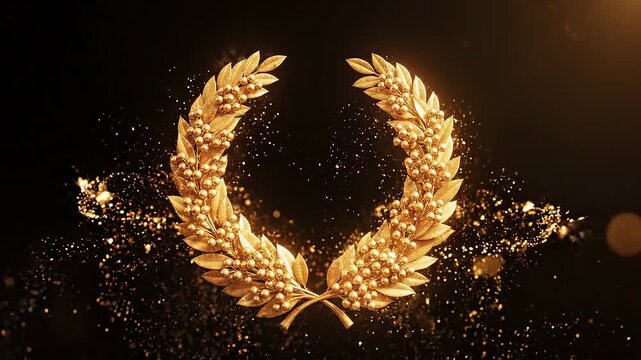 Golden laurel wreath surrounded by sparkling particles transitions from a burst of light to a detailed view, emphasizing elegance and celebration in a dark background setting