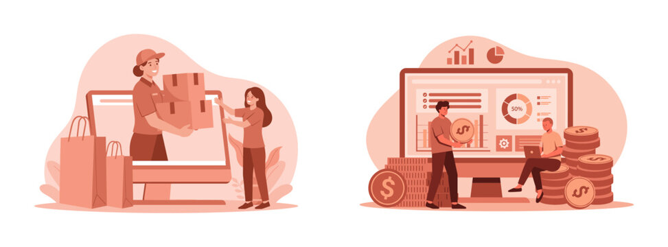 Business and e commerce shopping concepts flat illustration set with business, shopping