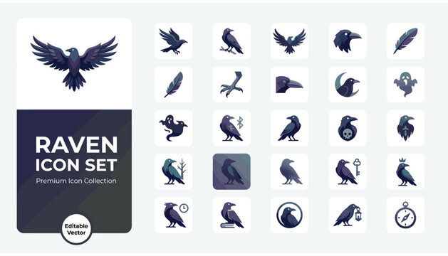 Raven icon set, collection of crow symbols, bird silhouettes, gothic elements, vector illustrations for design, dark avian graphics, mystical and mysterious icons