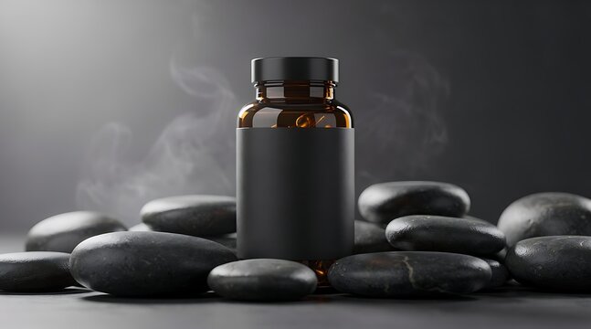 A dark glass bottle with a black label sits on a bed of smooth, dark stones, with wisps of smoke or steam rising.