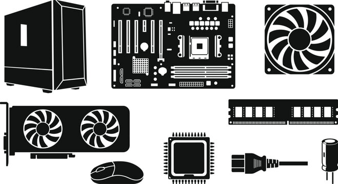 Computer hardware components and desktop PC builder icon set featuring motherboard graphics card processor case and ram