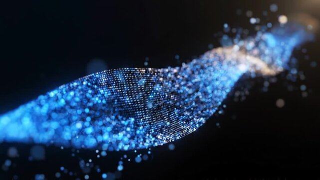 Flowing digital particles in blue and gold colors create a mesmerizing wave pattern against a dark background, showcasing a continuous motion of light and texture
