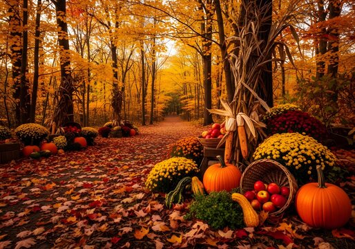 Autumn forest floor with pumpkins and gourds.