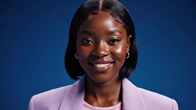 Confident young African businesswoman in stylish pastel blazer posing against blue studio background with professional expression