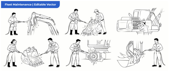 Obraz premium Heavy Equipment Pressure Washing Vector Set with Construction Workers Cleaning Excavator Machinery, Fleet Maintenance Outline Illustration and Line Art Icons for Industrial Service Concepts