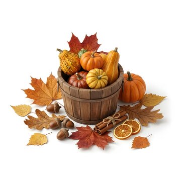 Autumn harvest basket with pumpkins and gourds.