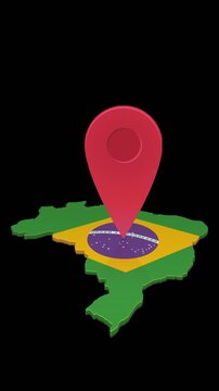 Loopable animation of a map pin bouncing on Brazil 3D map. Travel navigation concept. Chroma key green screen with alpha channel. (loopable)