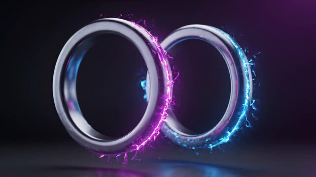 Two futuristic rings with glowing blue and pink electric sparks move closer together against a dark background, showcasing a dynamic visual connection and energy flow