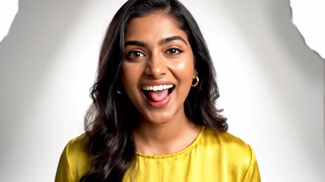 Excited young woman showing peace sign with cheerful expression isolated on light background