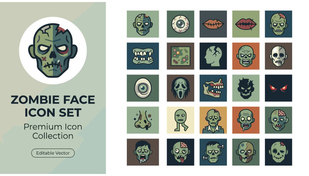 Zombie face icon set, collection of scary monster avatars, halloween character design elements, undead creatures, flat vector illustrations for web and mobile