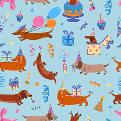 Fototapeta premium Birthday Dachshunds Seamless Pattern with Party Elements