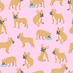Fototapeta premium Seamless French Bulldog Pattern with Cute Dogs on Pink Background