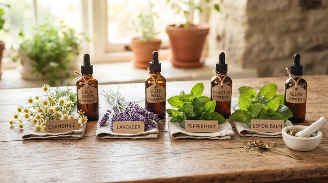 Organic Medicinal Herbs with Amber Glass Dropper Bottles on Rustic Wooden Table