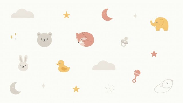 Cute baby nursery pattern with sleeping fox, bear, rabbit, elephant, duck, moon, stars, clouds and rattle on a white background
