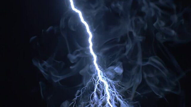 Bright lightning bolt strikes through dark clouds, illuminating swirling smoke and creating a dramatic atmosphere in a night sky