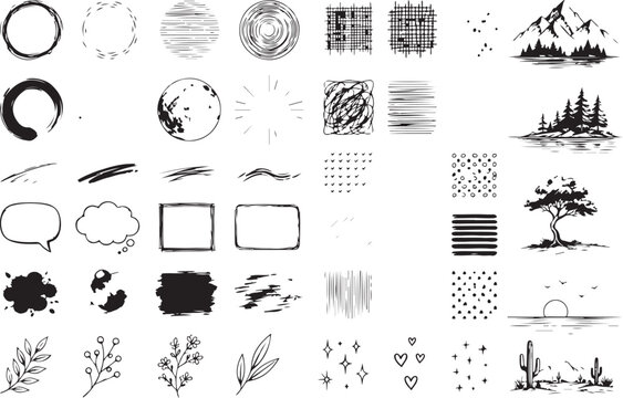 Set of hand drawn ink brush stroke shapes and nature elements Vector