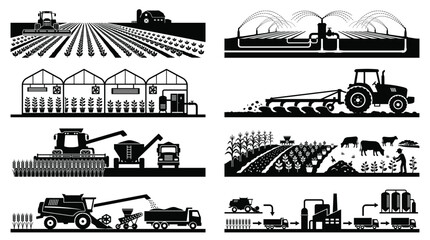 Obraz premium Agricultural depicting farming processes including irrigation, harvesting, crop production, and tractor work