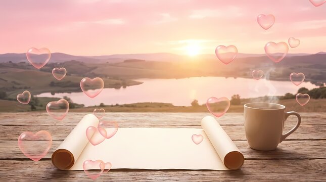 Blank scroll and coffee by lake with hearts.