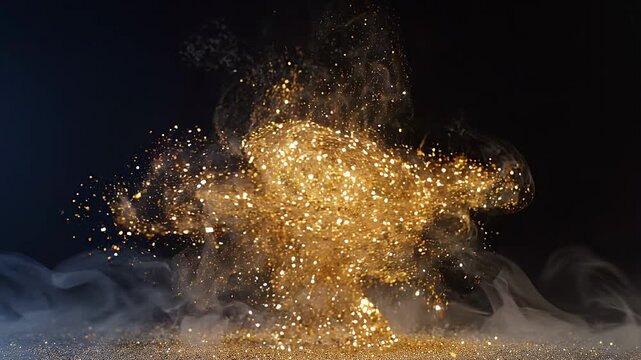 Golden glittering particles swirl and explode into a vibrant cloud, creating a mesmerizing visual effect against a dark background with soft smoke