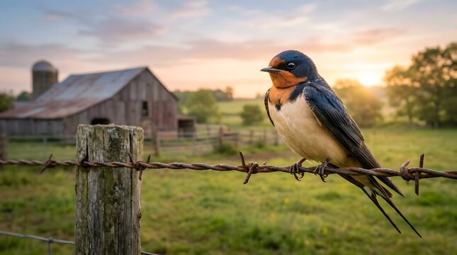 Barn swallow perched on barbed wire fence. Bird resting on rustic farm boundary