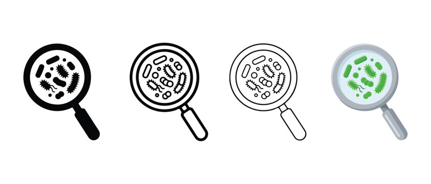magnifying glasses with bacteria and germs inside on white background