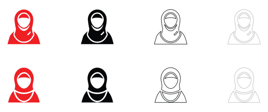 Girls hijab icon vector, Islamic women fashion hijab symbol icon vector, silhouette and line art illustration